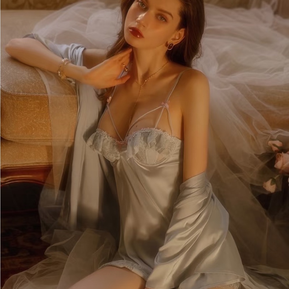 Elegant Blue Satin Nightgown